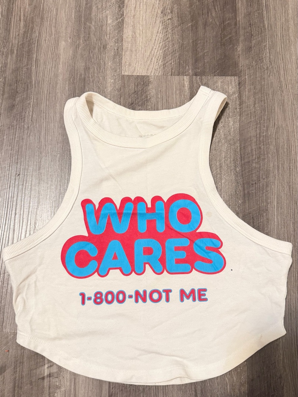 wild fable White Crop Tank with Blue and Red "WHO CARES" Graphic